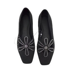Katy Perry Womens Black Suede Rhinestone Daisy Square Toe Ballet Flats Size 7